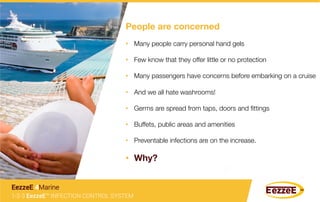 People are concerned
	
  
•  Many people carry personal hand gels
•  Few know that they offer little or no protection
•  Many passengers have concerns before embarking on a cruise
•  And we all hate washrooms!
•  Germs are spread from taps, doors and ﬁttings
•  Buffets, public areas and amenities
•  Preventable infections are on the increase.
•  Why?
1-2-3 EezzeE™ INFECTION CONTROL SYSTEM
EezzeE 4Marine
 