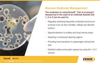 The emphasis on using EezzeE™ Cair is to prevent
disease but in the case of an outbreak EezzeE Cair !
1, 2 or 3 can be used to:!
•  Regularly sanitizing frequently contacted hand touch
surfaces such as door handles, railings and elevator
buttons
•  Special attention to buffets and food service areas
•  Assisting in enhanced cleaning regime
•  Providing hand sanitizers to passengers during their
stay
•  Disinfect cabins and public spaces by using the 1-2-3
solution
Disease Outbreak Management
1-2-3 EezzeE™ INFECTION CONTROL SYSTEM
EezzeE 4Marine
 