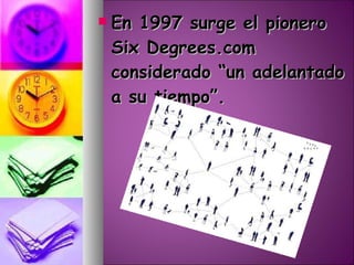 En 1997 surge el pionero Six Degrees.com considerado “un adelantado a su tiempo”.  