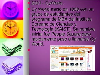 2001 - CyWorld, Cy World nació en 1999 con un grupo de estudiantes del programa de MBA del Instituto Coreano de Ciencias y Tecnología (KAIST). Su nombre inicial fue People Square pero rápidamente pasó a llamarse Cy World.  