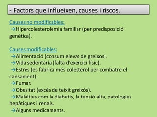 - Factors que influeixen, causes i riscos.
Causes no modificables:
→Hipercolesterolemia familiar (per predisposició
genètica).
Causes modificables:
→Alimentació (consum elevat de greixos).
→Vida sedentària (falta d’exercici físic).
→Estrès (es fabrica més colesterol per combatre el
cansament).
→Fumar.
→Obesitat (excés de teixit greixós).
→Malalties com la diabetis, la tensió alta, patologies
hepàtiques i renals.
→Alguns medicaments.
 
