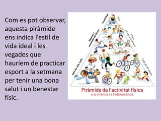 Com es pot observar,
aquesta piràmide
ens indica l’estil de
vida ideal i les
vegades que
hauríem de practicar
esport a la setmana
per tenir una bona
salut i un benestar
físic.
 