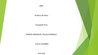 MBA
Analítica de Datos
Entregable Final
RAMSES EMMANUEL TRUJILLO MORALES
Cuenta 16100826
07/11/18
 
