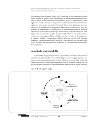ni toutes les erreurs » (Maulini, 2004, p. 265). L’économie de fonctionnement permise
par les réflexes, les routines et les automatismes de la pratique comporte un risque :
celui de figer le professionnel dans une expérience qui ne lui apprend rien, si cette
expérience n’est pas élaborée et si la partie non réfléchie ou non consciente de cette
expérience n’est jamais interrogée (Perrenoud, 2001a). Afin d’examiner et, éven-
tuellement, de transformer certains aspects des pratiques en fonction des effets non
souhaités qu’elles suscitent, la formation qui se fait dans un contexte de recherche
collaborative ou de supervision de stages offre du temps, du recul, des espaces privi-
légiés et des ressources. Sur un plan opérationnel, la méthode d’incidents critiques
constitue un moyen, parmi d’autres, de faire une place centrale au développement
de capacités réflexives émancipatoires. Elle est soutenue par une grille d’analyse
d’incidents critiques. Comme on le constatera, cette grille structure le travail réalisé
par les individus et le groupe en leur permettant de considérer différentes facettes
d’une expérience.
La méthode proprement dite
La démarche est présentée de façon séquentielle de manière à en faciliter la
compréhension. Dans les faits, elle se réalise fréquemment par approximations suc-
cessives, avec des retours en arrière. La figure 1 illustre, au moyen d’une boucle spi-
ralée en quatre temps, l’alternance des étapes de travail individuel et des séances de
groupe. La figure 2 présente les différents éléments faisant partie de la grille d’analyse.
Figure 1 : Boucle à quatre temps
20volume XXXVIII:1, printemps 2010 www.acelf.ca
Utilisation de la méthode des incidents critiques dans une perspective d’explicitation, d’analyse critique
et de transformation des pratiques professionnelles
 