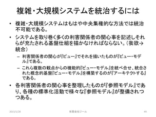 複雑・大規模システムを統治するには
• 複雑・大規模システムはもはや中央集権的な方法では統治
不可能である。
• システムを取り巻く多くの利害関係者の関心事を記述しそれ
らが充たされる基盤仕組を描かなければならない。（我欲→
統合）
– 利害関係者の関心が『ビュー』でそれを描いたものが『ビュー・モデ
ル』である。
– これら複数の観点からの機能的『ビュー・モデル』を統べ合せ、統合さ
れた概念的基盤『ビュー・モデル』を構築するのが『アーキテクトする』
である。
• 各利害関係者の関心事を整理したものが『参照モデル』であ
り、各種の標準化活動で様々な『参照モデル』が整備されつ
つある。
2015/1/28 49有限会社ジール
 