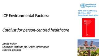ICF Environmental Factors:
Catalyst for person-centred healthcare
Janice Miller
Canadian Institute for Health Information
Ottawa, Canada
FDRG Mid-Year Meeting
28-29 June 2017
Stellenbosch, South Africa
 