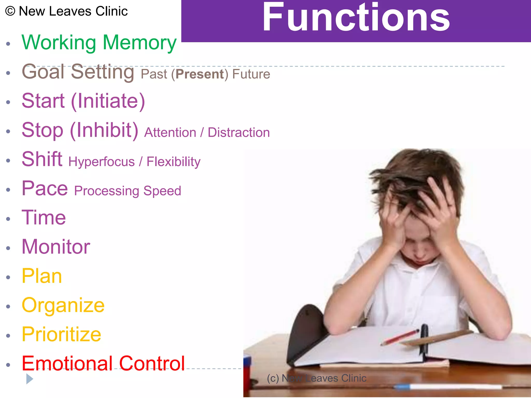 © New Leaves Clinic

•   Working Memory
                                        Functions
•   Goal Setting Past (Present) Future
•   Start (Initiate)
•   Stop (Inhibit) Attention / Distraction
•   Shift Hyperfocus / Flexibility
•   Pace Processing Speed
•   Time
•   Monitor
•   Plan
•   Organize
•   Prioritize
•   Emotional Control
                                         (c) New Leaves Clinic
 