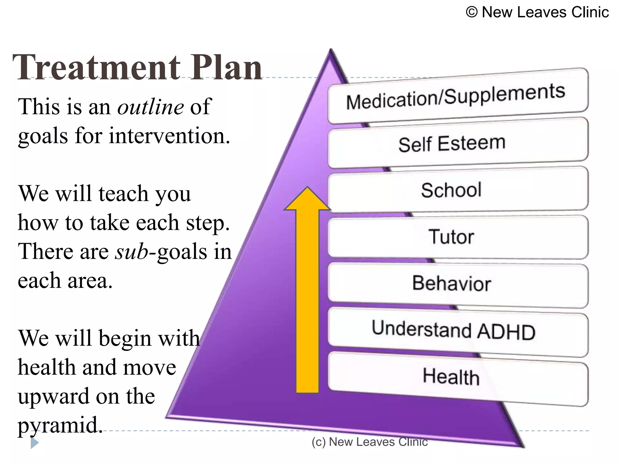 © New Leaves Clinic



Treatment Plan
This is an outline of
goals for intervention.

We will teach you
how to take each step.
There are sub-goals in
each area.

We will begin with
health and move
upward on the
pyramid.
                          (c) New Leaves Clinic
 