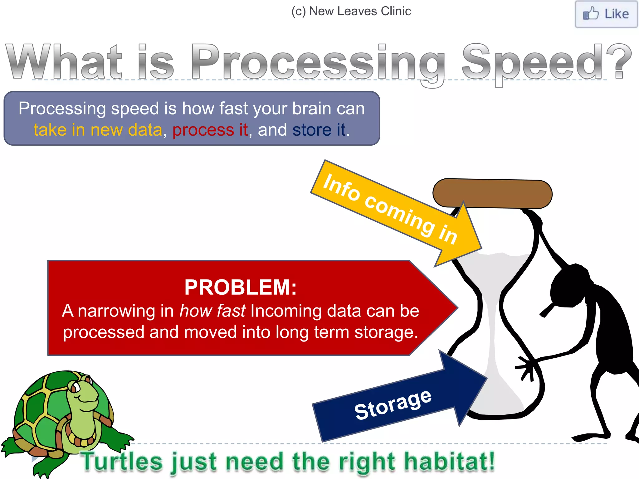 (c) New Leaves Clinic




Processing speed is how fast your brain can
  take in new data, process it, and store it.




                     PROBLEM:
     A narrowing in how fast Incoming data can be
     processed and moved into long term storage.
 