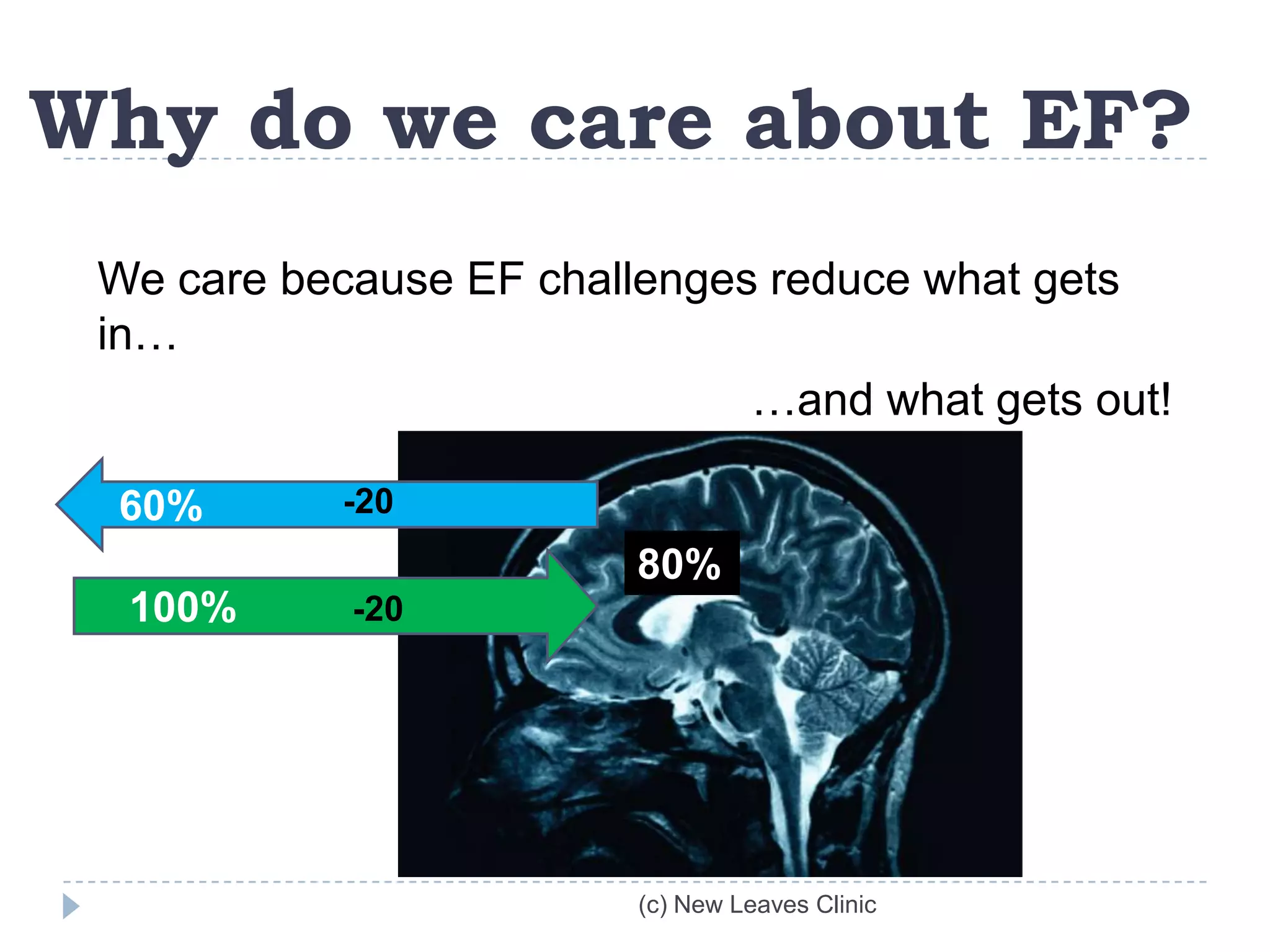 Why do we care about EF?
 We care because EF challenges reduce what gets
 in…
                              …and what gets out!

 60%       -20
                         80%
  100%      -20




                         (c) New Leaves Clinic
 