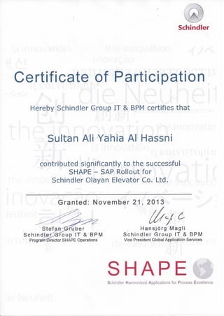 SHAPE - SAP rollout Certification Schindler 2013