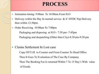  Intimation timing: 9:00am To 10:00am From H.O
 Delivery within the Day In normal service & if DTDC Pep Delivery
then within 12:30pm.
 Order Receiving 10:00am To 7:00pm
Packaging and disposing at H.O - 7:30 pm -7:45pm
Packaging and despatching (Other than City)-8:30 pm-9:30 pm
 Claims Settlement In Lost case
Copy Of F.I.R to Counter and From Counter To Head Office
Then It Goes To Evaluation of The Case By Company
Then The Booking Fee Is returned Within 7 To 15 Day’s With value
of Goods.
PROCESS
 