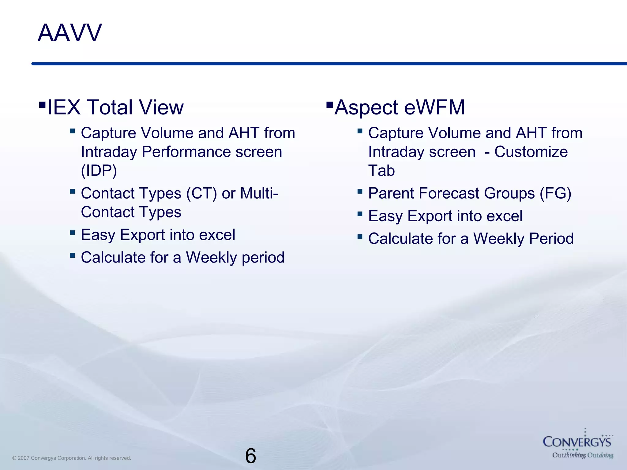 6© 2007 Convergys Corporation. All rights reserved.
AAVV
IEX Total View
 Capture Volume and AHT from
Intraday Performance screen
(IDP)
 Contact Types (CT) or Multi-
Contact Types
 Easy Export into excel
 Calculate for a Weekly period
Aspect eWFM
 Capture Volume and AHT from
Intraday screen - Customize
Tab
 Parent Forecast Groups (FG)
 Easy Export into excel
 Calculate for a Weekly Period
 