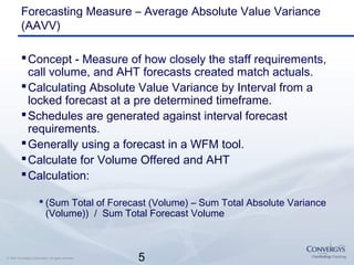 5© 2007 Convergys Corporation. All rights reserved.
Forecasting Measure – Average Absolute Value Variance
(AAVV)
Concept - Measure of how closely the staff requirements,
call volume, and AHT forecasts created match actuals.
Calculating Absolute Value Variance by Interval from a
locked forecast at a pre determined timeframe.
Schedules are generated against interval forecast
requirements.
Generally using a forecast in a WFM tool.
Calculate for Volume Offered and AHT
Calculation:
 (Sum Total of Forecast (Volume) – Sum Total Absolute Variance
(Volume)) / Sum Total Forecast Volume
 