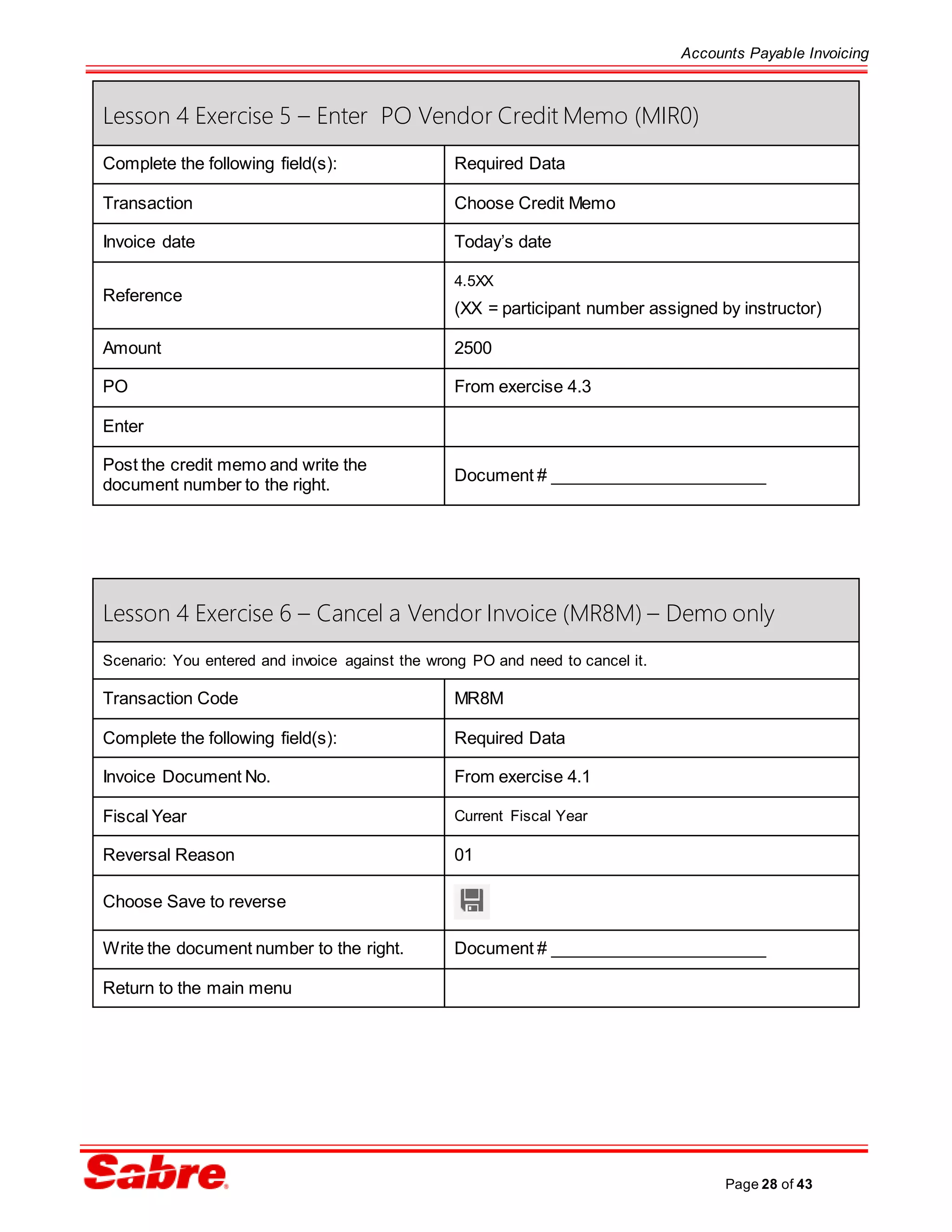 Accounts Payable Invoicing
Page 28 of 43
Lesson 4 Exercise 5 – Enter PO Vendor Credit Memo (MIR0)
Complete the following field(s): Required Data
Transaction Choose Credit Memo
Invoice date Today’s date
Reference
4.5XX
(XX = participant number assigned by instructor)
Amount 2500
PO From exercise 4.3
Enter
Post the credit memo and write the
document number to the right.
Document # _______________________
Lesson 4 Exercise 6 – Cancel a Vendor Invoice (MR8M) – Demo only
Scenario: You entered and invoice against the wrong PO and need to cancel it.
Transaction Code MR8M
Complete the following field(s): Required Data
Invoice Document No. From exercise 4.1
Fiscal Year Current Fiscal Year
Reversal Reason 01
Choose Save to reverse
Write the document number to the right. Document # _______________________
Return to the main menu
 