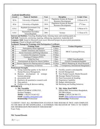 2 | P a g e
2
Academic Qualification:
Award Name of Institute Year Discipline Grade/ Class
M.Sc University of Rajshahi 2012
Population Science & Human
Resource Development
2.83(out of 4)
B.Sc University of Rajshahi 2010
Population Science & Human
Resource Development
2nd
Class
H.S.C
Rajshahi Government City
College
2004 Science 3.50(out of 5)
S.S.C
Shamokdum Secondary
School,Rajshahi
2001 Science 3.13(out of 5)
Interest and Hobbies: Traveling, Reading books, listening music and watching sports etc.
Soft Skill: Teamwork, convincing, inspiring, influencing, negotiation, leadership skill.
Computer Skill: Sound in Microsoft word, excel, Microsoft project & power point presentation.
Language: Fluent in Bangla and English
Technical/ Managerial Trainings with Participation Certificate:
SL Training Name Duration Trainer/Organizer
01 Participatory Rural Appraisal 5 Days
BRAC Learning Division,
02 Gender Awareness and Analysis 4 Days
03 Social Awareness and Rising Education 5 Days
04 Livestock Development Training 19 Days
05 Training of Trainers (TOT) 5 Days
06 Relief for Poor 1 Day VPBD Team,Rajshahi
07 Entertainment & Relief for Street Children 2 Days JAAGO Foundation,Rajshahi
08 Doctors Opinion for Pharmaceutical Company 10 Days SIRIUS Marketing & Social Research
09 Transparency in Election 1 Day Transparency International Bangladesh
Professional Strength:
1. Strong leadership quality in the field of
Human Resource Management.
2. Business development & strategic
business planning
3. presentation skill
4. Qualitative & quantitative research work
5. Data analysis
6. Problem solving & decision making
7. Flexible, assertive and adaptable
8. Growth Management
9. New Product Launch, Market Research
10. Strategic Market Positioning
11. Need Assessment & branding
12. Negotiation Capability
13. Budget Administration
14. Recruiting and Staffing Initiatives
REFERENCE
1. Md. Nuruddin
SBM-STUP,BRAC CFPR-TUP,
Kachua,Chandpur.
Mobile: (+88) 01718 845 822
Email: nuruddin_bm@gmail.com
Relationship: Professional
3. Md. Abdur Rouf MRM
Officer-M4C,Swisscontact-Bangladesh,
PIU,DRA,Bogra.
Mobile: (+88) 01748 904 373
Email: abdur.rouf@swisscontact.org
Relationship: Professional
“I CERTIFY THAT ALL INFORMATION STATED IN THIS RESUME IS TRUE AND COMPLETE
TO THE BEST OF MY KNOWLEDGE, I AUTHORIZE THE RECEIVER OF THIS CV TO VERIFY
THE INFORMATION PROVIDED IN THIS RESUME”
Yours Truly,
Md. Nazmul Hossain
 