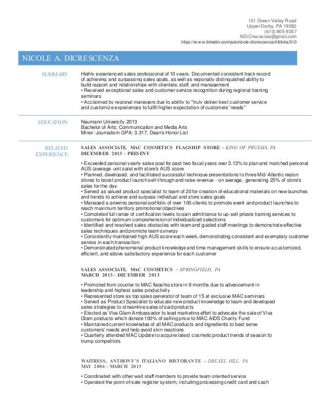 mac cosmetics resume