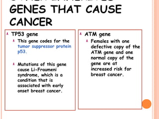 OTHER INHERITED
GENES THAT CAUSE
CANCER
TP53 gene
This gene codes for the
tumor suppressor protein
p53.
Mutations of this gene
cause Li-Fraumeni
syndrome, which is a
condition that is
associated with early
onset breast cancer.
ATM gene
Females with one
defective copy of the
ATM gene and one
normal copy of the
gene are at
increased risk for
breast cancer.
 