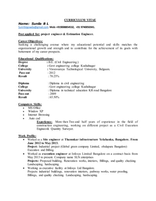CURRICULUM VITAE
Name: Sunila B L
Sunilblgowda@gmail.com Mob:+919008854532, +91 9740050341.
Post applied for: project engineer & Estimation Engineer.
Career Objectives:
Seeking a challenging avenue where my educational potential and skills matches the
organizational growth and strength and to contribute for the achievement of its goals with
betterment of my career prospects.
Educational Qualifications:
Degree : B.E. (Civil Engineering.)
College : Govt engineering college Kushalnagar
University : Visvesvaraya Technological University, Belgaum.
Pass out : 2012
Result : 70.25%
Diploma : Diploma in civil engineering
College : Govt engineering college Kushalnagar
University : Diploma in technical education KR road Bangalore
Pass out : 2009
Result : 65.50%
Computers Skills:
 MS Office
 Window XP
 Internet Browsing
 Auto cad
Experience: More then Two and half years of experience in the field of
construction engineering, working on different project as a Civil Execution
Engineer& Quantity Surveyor.
Work Profile:
 Worked as a Site engineer at Thamnkar infrastructure Yelahanka, Bangalore. From
June 2012 to May 2013.
Project: Industrial project (Global green company Limited, obalapura Bangalore)
Execution and Billing.
 Worked as execution engineer at Infosys Limited Bangalore on a contract basis from
May 2013 to present. Company name SLN enterprises
Projects: Proposed building, Renovation works, interiors, Billings, and quality checking.
Landscaping, hardscaping.
 Working as executive facility at Infosys Ltd Bangalore.
Projects: industrial buildings, renovation interiors, pathway works, water proofing,
Billings, and quality checking. Landscaping, hardscaping.
 