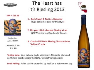 The Heart has
it’s Riesling 2013
Production:
2,912 cases
SRP = $13.99
1 . Both Sweet & Tart i.e., Balanced
Huge consumer base for this style!
2. 70+ year old dry farmed Riesling Vines
52% Wirz vineyard San Benito County
3. Classic Old World Riesling Characteristics
“Kabinett” style
Alcohol: 9.5%
R.S. 3%
Tasting Note: Very delicate body, with kirsch, Mirabelle plum and
earthiness that bespeaks the Nahe, with refreshing acidity.
Food Pairing: Asian cuisine or perfect by itself on a hot summer day
 
