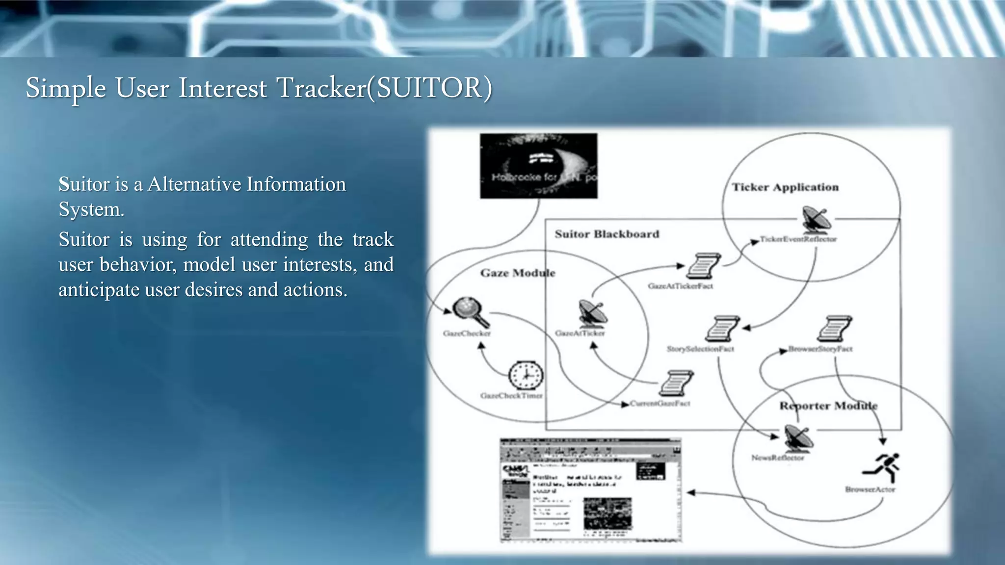 Simple User Interest Tracker(SUITOR)
Suitor is a Alternative Information
System.
Suitor is using for attending the track
user behavior, model user interests, and
anticipate user desires and actions.
 