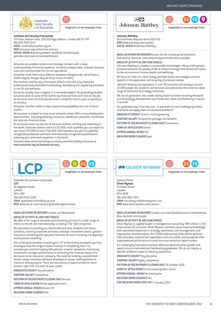 bath.ac.uk/careers THE UNIVERSITY OF BATH CAREERS GUIDE 2017 41
JOBS AND COURSE PROVIDERS
Institute and Faculty of Actuaries
7th Floor, Holborn Gate, 326-330 High Holborn, London, WC1V 7PP
TEL 020 7632 2137
EMAIL careers@actuaries.org.uk
WEB actuaries.org.uk/become-actuary
SOCIAL MEDIA @actuarystudent, facebook.com/Actuarial,
youtube.com/user/actuarialprofession
Actuaries are problem solvers and strategic thinkers with a deep
understanding of financial systems. Actuaries analyse data, evaluate financial
risks and communicate this to non-specialists.
Actuaries come from many different academic backgrounds, not all have a
maths degree, though they all share a love of maths.
The Institute and Faculty of Actuaries (IFoA) is the UK’s only chartered
professional body dedicated to educating, developing and regulating actuaries
in the UK and overseas.
Actuaries usually have a degree in a numerate subject. On graduating student
actuaries work at some of the worlds top financial firms and train on the job.
At the same time, the IFoA provide exams students need to pass to qualify as
an actuary.
Actuaries use their skills to help measure the probability and risk of future
events.
All business is subject to risks so an actuarial career offers many employment
opportunities. Including banking, insurance, healthcare, pensions, investment
but also non-financial areas.
An actuarial career can be one of the most diverse, exciting and rewarding in
the world. Graduate salaries start at £33,000, once qualified you can expect to
earn from £55,000 to over £150,000. IFoA members are part of a globally
recognised profession and have internationally-recognised qualifications
meaning you could work anywhere in the world.
Discover more about becoming an actuary and who employ actuaries at
www.actuaries.org.uk/become-actuary
targetjobs.co.uk/employer-hubs
Johnson Matthey
Orchard Road, Royston Herts SG8 5HE
WEB www.matthey.com/careers
SOCIAL MEDIA @Johnson_Matthey
MAIN LOCATIONS OR REGIONS Across the UK; including Hertfordshire,
Oxfordshire, Teesside. International opportunities also available.
AREAS OF ACTIVITY & JOB FUNCTION(S)
Johnson Matthey is a leader in sustainable technologies. Many of the group’s
products enhance the quality of life of millions through their beneficial impact
on the environment, human health and wellbeing.
We focus on clean air, clean energy and low carbon technologies and are
experts in the application and recycling of precious metals.
Johnson Matthey has operations in over 30 countries and employs around
12,000 people. Our products and services are sold across the world to a wide
range of advanced technology industries.
We recruit graduates into a wide variety of job functions including Research
and Technology, Development and Production, Sales and Marketing, Finance,
IT and HR.
Our graduates say “From day one... it was both fun and challenging to learn
new skills and apply them to real world problems”
GRADUATES SOUGHT Science and Engineering
STARTING SALARY Competitive package and benefits
PATTERN OF RECRUITMENT/CLOSING DATE Continuous
FORM OF APPLICATION Online
APPROX ANNUAL INTAKE 80
VACATION WORK/COURSES yes
VSGS
targetjobs.co.uk/employer-hubs
Graduate Recruitment Coordinator
LCP
95 Wigmore Street
London
W1U 1DQ
TEL 020 7432 2266
EMAIL graduatecareers@lcp.uk.com
WEB www.lcp.uk.com/careers/graduate-opportunities
MAIN LOCATIONS OR REGIONS London and Winchester
AREAS OF ACTIVITY & JOB FUNCTION(S)
We offer a full range of actuarial and consulting services to a wide range of
clients in the UK and internationally, including FTSE 100 companies.
We specialise in providing our clients with practical, bespoke and robust
solutions, covering corporate pensions, strategic investment advice, general
insurance consulting and specialist financial services including risk appraisal
and business modelling.
One of the great benefits of working for LCP is the variety of projects you’ll be
working on and the range of tasks involved in completing them. For
example,you could be helping with pension scheme valuations, monitoring
investment manager performance or estimating the financial impact of a
hurricane on an insurance company. You could be building a spreadsheet
model, using innovative software developed in house, drafting letters to
clients or writing reports. There are also plenty of opportunities for client
contact, right from the start of your career.
GRADUATES SOUGHT Any discipline
STARTING SALARY Competitive
PATTERN OF RECRUITMENT/CLOSING DATE Annual
FORM OF APPLICATION Online application form
APPROX ANNUAL INTAKE Around 30
VACATION WORK/COURSES Yes
VSGS
targetjobs.co.uk/employer-hubs
Gemma Porter
Oliver Wyman
55 Baker Street
London
W1U 8EW
TEL 020 7852 7677
EMAIL recruiting.uk@oliverwyman.com
WEB www.oliverwyman.com/careers
MAIN LOCATIONS OR REGIONS London and other locations across the Americas,
Asia, Australia and Europe
AREAS OF ACTIVITY & JOB FUNCTION(S)
Oliver Wyman is a global leader in management consulting. With offices in 50+
cities across 26 countries, Oliver Wyman combines deep industry knowledge
with specialised expertise in strategy, operations, risk management, and
organisation transformation. Our 3,000 professionals help clients optimise
their business, improve their operations and risk profile, and accelerate their
organisational performance to seize the most attractive opportunities.
Our challenging Consultant position offers exceptional career growth and
opportunity to motivated and hardworking graduates. We do not require a
specific academic major or industry experience.
GRADUATES SOUGHT Any discipline
STARTING SALARY Highly competitive
PATTERN OF RECRUITMENT/CLOSING DATE 26 October 2016
FORM OF APPLICATION CV and covering letter online
APPROX ANNUAL INTAKE No fixed quota
VACATION WORK/COURSES Yes
FOR VACATION WORK APPLY BY 5 January 2017
VSGS
targetjobs.co.uk/employer-hubs
 