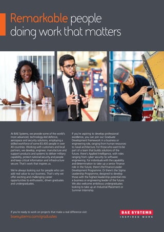 Remarkablepeople
doingworkthatmatters
If you’re ready to work on projects that make a real difference visit:
baesystems.com/graduates
At BAE Systems, we provide some of the world’s
most advanced, technology-led defence,
aerospace and security solutions, employing a
skilled workforce of some 83,400 people in over
40 countries. Working with customers and local
partners, we develop, engineer, manufacture and
support products and systems to deliver military
capability, protect national security and people
and keep critical information and infrastructure
secure. That’s work that inspires us.
We’re always looking out for people who can
add real value to our business. That’s why we
offer exciting and challenging career
opportunities to enthusiastic, driven graduates
and undergraduates.
If you’re aspiring to develop professional
excellence, you can join our Graduate
Development Framework in a business or
engineering role, ranging from human resources
to naval architecture. For those who want to be
part of a team that builds solutions of the
future, there’s Applied Intelligence, with roles
ranging from cyber security to software
engineering. For individuals with the capability
and determination to take up a senior ﬁnance
role in the future, there’s the Finance Leader
Development Programme. Or there’s the Sigma
Leadership Programme, designed to develop
those with the highest leadership potential into
a business or engineering leader of the future.
We also welcome ambitious undergraduates
looking to take up an Industrial Placement or
Summer Internship.
 