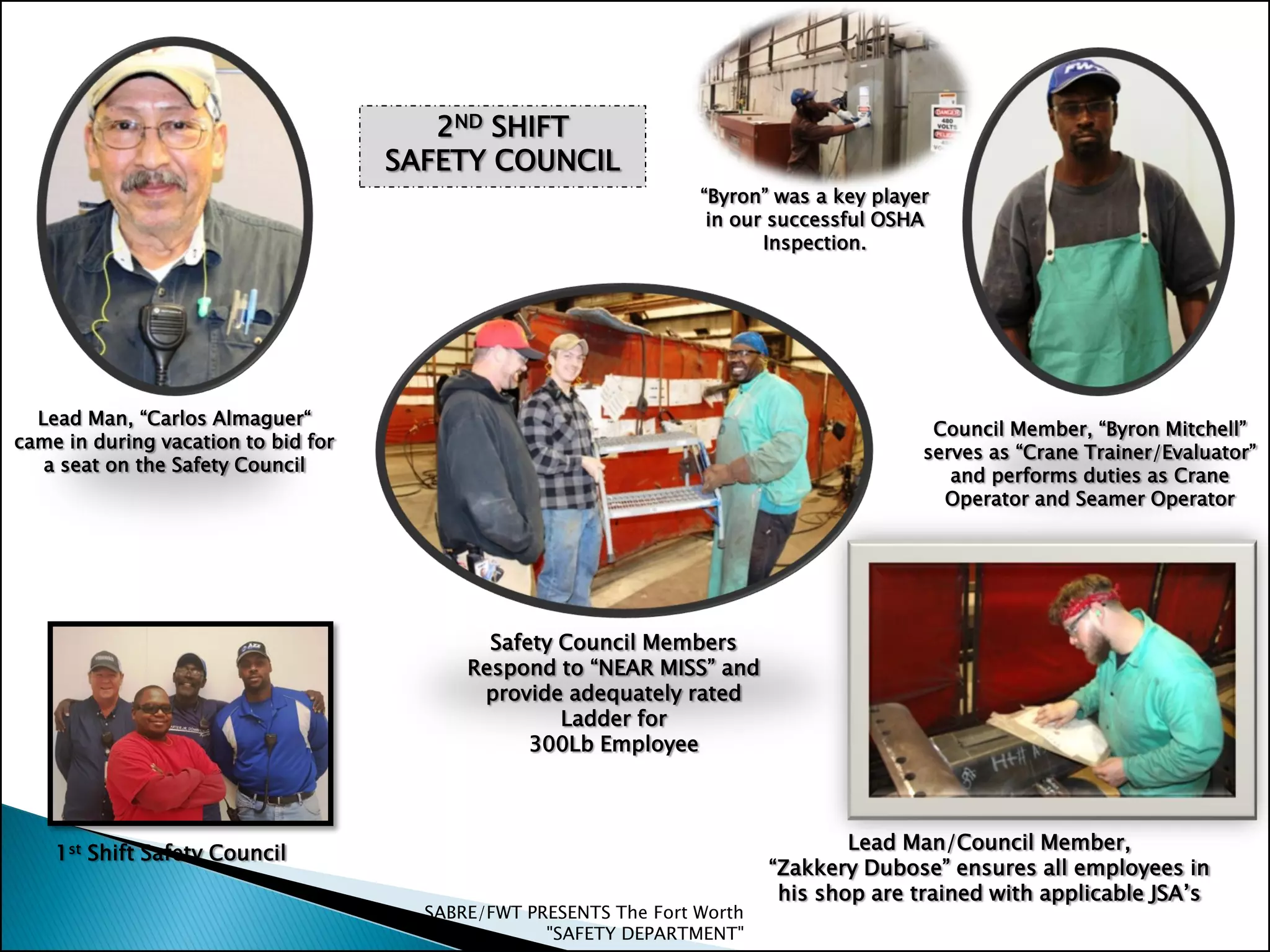 1st Shift Safety Council
Safety Council Members
Respond to “NEAR MISS” and
provide adequately rated
Ladder for
300Lb Employee
Council Member, “Byron Mitchell”
serves as “Crane Trainer/Evaluator”
and performs duties as Crane
Operator and Seamer Operator
Lead Man, “Carlos Almaguer“
came in during vacation to bid for
a seat on the Safety Council
“Byron” was a key player
in our successful OSHA
Inspection.
Lead Man/Council Member,
“Zakkery Dubose” ensures all employees in
his shop are trained with applicable JSA’s
2ND SHIFT
SAFETY COUNCIL
SABRE/FWT PRESENTS The Fort Worth
"SAFETY DEPARTMENT"
 
