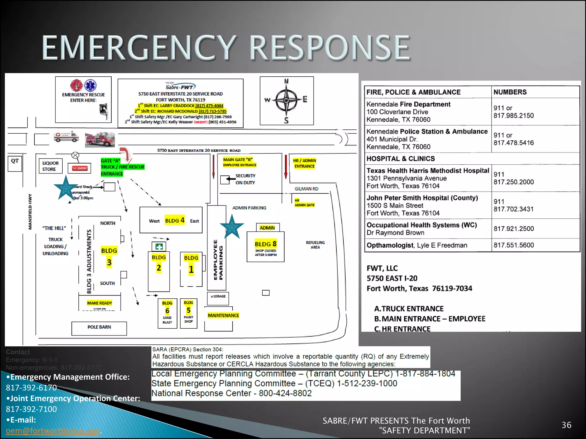 SABRE/FWT PRESENTS The Fort Worth
"SAFETY DEPARTMENT"
36
Contact
Emergency: 9-1-1
Non-emergencies: 817-392-6170
•Emergency Management Office:
817-392-6170
•Joint Emergency Operation Center:
817-392-7100
•E-mail:
oem@fortworthtexas.gov.
 