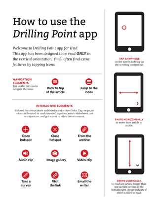How to use the
Drilling Point app
Welcome to Drilling Point app for IPad.
This app has been designed to be read ONLY in
the vertical orientation. You’ll often find extra
features by tapping icons.
INTERACTIVE ELEMENTS
NAVIGATION
ELEMENTS
Tap on the buttons to
navigate the issue.
TAP ANYWHERE
on the screen to bring up
the scrolling content bar.
SWIPE VERTICALLY
to read any article longer than
one screen. Arrows in the
bottom right corner indicate if
there is more to read
SWIPE HORIZONTALLY
to move from article to
article
Take a
survey
Open
hotspot
Audio clip
Back to top
of the article
Jump to the
index
Image gallery Video clip
Visit
the link
Close
hotspot
Email the
writer
From the
archive
Colored buttons activate multimedia and archive links. Tap, swipe, or
rotate as directed to read extended captions, watch slideshows, ask
us a question, and get access to other bonus content.
 