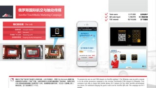


Aeroflot TouchMedia Marketing Campaign
˹ʺ봥ý
Concept creation
Execution
Marketing & PR
Ongoing Quality Management
⹹˼
ִ
гƹ & 
̸ٹ
Our roleǵ
Total users:
QR code input:
TVC viewed:
λû
ζάɨ
ι沥
3,177,920
1,748,978
50,153,026
Ϊƹǵķɻλϵ¹ --USB ӿڣϣ City Moments ܻڴ
ýƽ̨߻һƹ㷽⳵˿Ϳڳ˳Ŷͬʱֻ
USB ӵĻѳ 3 ӡҪʱ磬ɨһɨĻϵĶ
άʵ֡ά 3 ¡
To promote the new in-seat USB chargers on Aeroflot airplanes' City Moments came up with a concept
to tie the airline promotion campaign to the existing Touchmedia USB chargers in Shanghai. Taxi
customers were able to charge their mobile phones for 3 minutes for free while Aeroflot advertisement
was shown. For unlimited charging the guests could scan the Aeroflot QR code. The campaign ran for 3
months.
 