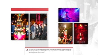 For several years in a row City Moments is creating creative MUMM Champagne events for Christmas and
New Years Eve in Shanghai and Beijing. The concepts and productions are made to fit the brand within the
upscale high-energy club environment.
 