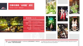 Perrier-Jou?t "Allstars"
軨ġȫǡɶ
Event Concept Creation
Event Production & Execution
Marketing & PR
Performance Management
Design
Photography & Video
Event Rundown Planning
⹹˼
 & ִ
гƹ & 
ݹ

Ӱ & 
̰
Our roleǵ
Ϊһŷʽף꣬City Moments Ϊ軨Ĳ߻һΪ
ɶԣ˾ʵıݼα
To celebrate New Years Eve in creative elegant style, City Moments developed a fitting floral concept for
Perrier-Jou?t paired with attractive performances.
 