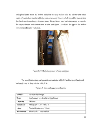 52
The apron feeder down the hopper transports the clay masses into the crusher and small
pieces of clay is then transferred to the clay cover store. Conveyor belt is used for transferring
the clay from the crusher to the cover store. The reclaimer uses bucket conveyor to transfer
the clay to the raw meal feeder from B-area. The figure 3.27 shows the type of the bucket
conveyor used in clay reclaimer.
Figure 3.27: Bucket conveyor of clay reclaimer
The specification iron ore hopper is shows in the table 3.9 and the specification of
bucket elevator is shown in the table 3.10.
Table 3.9: Iron ore hopper specification
Service For iron ore storage
Type One hopper, two discharge/Steel made
Capacity 140 tons
Dimension 5.0m (Ø) x (4.5 + 6.5m) H
Liner Plastic (thickness of 12mm)
Accessories 3 load cells, 1 level switch
 