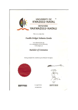 Fundile Gwala Degree certificate