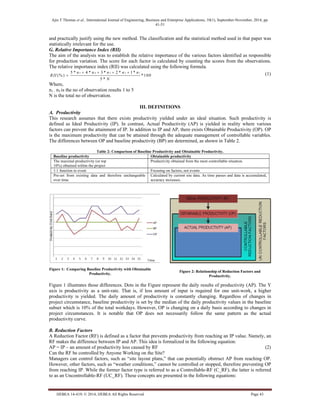 Ajin T Thomas et al., International Journal of Engineering, Business and Enterprise Applications, 10(1), September-November, 2014, pp.
41-51
IJEBEA 14-419; © 2014, IJEBEA All Rights Reserved Page 43
and practically justify using the new method. The classification and the statistical method used in that paper was
statistically irrelevant for the use.
G. Relative Importance Index (RII)
The aim of the analysis was to establish the relative importance of the various factors identified as responsible
for production variation. The score for each factor is calculated by counting the scores from the observations.
The relative importance index (RII) was calculated using the following formula.
5 4 3 2 15 * 4 * 3 * 2 * 1*
(% ) *100
5 *
n n n n n
RII
N
   
 (1)
Where,
n1 - n5 is the no of observation results 1 to 5
N is the total no of observation.
III. DEFINITIONS
A. Productivity
This research assumes that there exists productivity yielded under an ideal situation. Such productivity is
defined as Ideal Productivity (IP). In contrast, Actual Productivity (AP) is yielded in reality where various
factors can prevent the attainment of IP. In addition to IP and AP, there exists Obtainable Productivity (OP). OP
is the maximum productivity that can be attained through the adequate management of controllable variables.
The differences between OP and baseline productivity (BP) are determined, as shown in Table 2.
Table 2: Comparison of Baseline Productivity and Obtainable Productivity.
Baseline productivity Obtainable productivity
The maximal productivity (or top
10%) obtained within the project
Productivity obtained from the most controllable situation.
1:1 function to event Focusing on factors, not events
Pre-set from existing data and therefore unchangeable
over time.
Calculated by current site data. As time passes and data is accumulated,
accuracy increases.
Figure 1: Comparing Baseline Productivity with Obtainable
Productivity.
Figure 2: Relationship of Reduction Factors and
Productivity.
Figure 1 illustrates those differences. Dots in the Figure represent the daily results of productivity (AP). The Y
axis is productivity as a unit-rate. That is, if less amount of input is required for one unit-work, a higher
productivity is yielded. The daily amount of productivity is constantly changing. Regardless of changes in
project circumstance, baseline productivity is set by the median of the daily productivity values in the baseline
subset which is 10% of the total workdays. However, OP is changing on a daily basis according to changes in
project circumstances. It is notable that OP does not necessarily follow the same pattern as the actual
productivity curve.
B. Reduction Factors
A Reduction Factor (RF) is defined as a factor that prevents productivity from reaching an IP value. Namely, an
RF makes the difference between IP and AP. This idea is formalized in the following equation:
AP = IP – an amount of productivity loss caused by RF (2)
Can the RF be controlled by Anyone Working on the Site?
Managers can control factors, such as “site layout plans,” that can potentially obstruct AP from reaching OP.
However, other factors, such as “weather conditions,” cannot be controlled or stopped, therefore preventing OP
from reaching IP. While the former factor type is referred to as a Controllable-RF (C_RF), the latter is referred
to as an Uncontrollable-RF (UC_RF). These concepts are presented in the following equations:
 