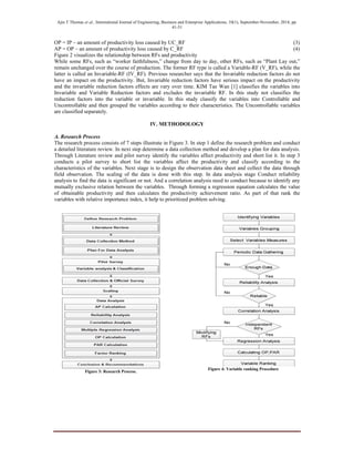 Ajin T Thomas et al., International Journal of Engineering, Business and Enterprise Applications, 10(1), September-November, 2014, pp.
41-51
OP = IP – an amount of productivity loss caused by UC_RF (3)
AP = OP – an amount of productivity loss caused by C_RF (4)
Figure 2 visualizes the relationship between RFs and productivity
While some RFs, such as “worker faithfulness,” change from day to day, other RFs, such as “Plant Lay out,”
remain unchanged over the course of production. The former RF type is called a Variable-RF (V_RF), while the
latter is called an Invariable-RF (IV_RF). Previous researcher says that the Invariable reduction factors do not
have an impact on the productivity. But, Invariable reduction factors have serious impact on the productivity
and the invariable reduction factors effects are vary over time. KIM Tae Wan [1] classifies the variables into
Invariable and Variable Reduction factors and excludes the invariable RF. In this study not classifies the
reduction factors into the variable or invariable. In this study classify the variables into Controllable and
Uncontrollable and then grouped the variables according to their characteristics. The Uncontrollable variables
are classified separately.
IV. METHODOLOGY
A. Research Process
The research process consists of 7 steps illustrate in Figure 3. In step 1 define the research problem and conduct
a detailed literature review. In next step determine a data collection method and develop a plan for data analysis.
Through Literature review and pilot survey identify the variables affect productivity and short list it. In step 3
conducts a pilot survey to short list the variables affect the productivity and classify according to the
characteristics of the variables. Next stage is to design the observation data sheet and collect the data through
field observation. The scaling of the data is done with this step. In data analysis stage Conduct reliability
analysis to find the data is significant or not. And a correlation analysis need to conduct because to identify any
mutually exclusive relation between the variables. Through forming a regression equation calculates the value
of obtainable productivity and then calculates the productivity achievement ratio. As part of that rank the
variables with relative importance index, it help to prioritized problem solving.
Figure 3: Research Process.
Figure 4: Variable ranking Procedure
 