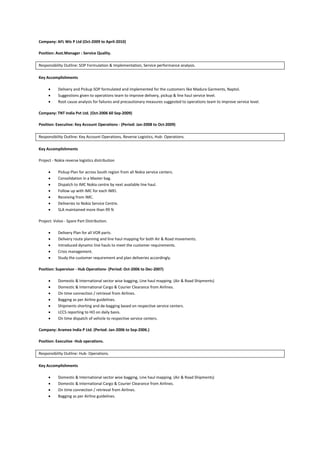 Company: AFL Wiz P Ltd (Oct-2009 to April-2010)
Position: Asst.Manager : Service Quality.
Responsibility Outline: SOP Formulation & Implementation, Service performance analysis.
Key Accomplishments
 Delivery and Pickup SOP formulated and implemented for the customers like Madura Garments, Naptol.
 Suggestions given to operations team to improve delivery, pickup & line haul service level.
 Root cause analysis for failures and precautionary measures suggested to operations team to improve service level.
Company: TNT India Pvt Ltd. (Oct-2006 60 Sep-2009)
Position: Executive: Key Account Operations - (Period: Jan-2008 to Oct-2009)
Responsibility Outline: Key Account Operations, Reverse Logistics, Hub- Operations.
Key Accomplishments
Project - Nokia reverse logistics distribution
 Pickup Plan for across South region from all Nokia service centers.
 Consolidation in a Master bag.
 Dispatch to IMC Nokia centre by next available line haul.
 Follow up with IMC for each IMEI.
 Receiving from IMC.
 Deliveries to Nokia Service Centre.
 SLA maintained more than 99 %
Project: Volvo - Spare Part Distribution.
 Delivery Plan for all VOR parts.
 Delivery route planning and line haul mapping for both Air & Road movements.
 Introduced dynamic line hauls to meet the customer requirements.
 Crisis management.
 Study the customer requirement and plan deliveries accordingly.
Position: Supervisor - Hub Operations- (Period: Oct-2006 to Dec-2007)
 Domestic & International sector wise bagging, Line haul mapping. (Air & Road Shipments)
 Domestic & International Cargo & Courier Clearance from Airlines.
 On time connection / retrieval from Airlines.
 Bagging as per Airline guidelines.
 Shipments shorting and de-bagging based on respective service centers.
 LCCS reporting to HO on daily basis.
 On time dispatch of vehicle to respective service centers.
Company: Aramex India P Ltd. (Period: Jan-2006 to Sep-2006.)
Position: Executive -Hub operations.
Responsibility Outline: Hub- Operations.
Key Accomplishments
 Domestic & International sector wise bagging, Line haul mapping. (Air & Road Shipments)
 Domestic & International Cargo & Courier Clearance from Airlines.
 On time connection / retrieval from Airlines.
 Bagging as per Airline guidelines.
 