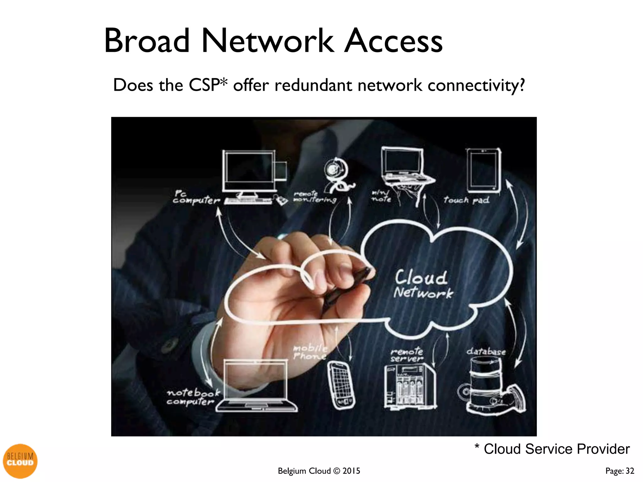 Page: 32Belgium Cloud ©
Does the CSP* offer redundant network
connectivity?
Broad Network Access
* Cloud Service Provider
 