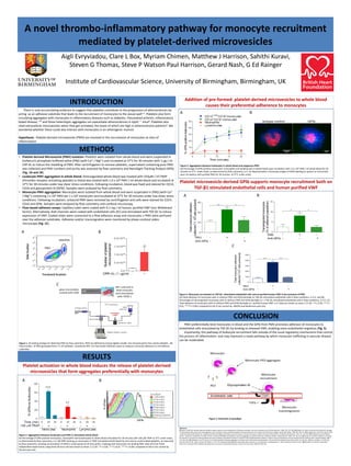 A novel thrombo-inflammatory pathway for monocyte recruitment
mediated by platelet-derived microvesicles
INTRODUCTION
Aigli Evryviadou, Clare L Box, Myriam Chimen, Matthew J Harrison, Sahithi Kuravi,
Steven G Thomas, Steve P Watson Paul Harrison, Gerard Nash, G Ed Rainger
Institute of Cardiovascular Science, University of Birmingham, Birmingham, UK
• Platelet-derived Microvesicle (PMV) Isolation: Platelets were isolated from whole blood and were suspended in
Dulbecco’s phosphate buffered saline (PBS) (with Ca2+ / Mg2+) and incubated at 37°C for 30 minutes with 1 μg / ml
CRP-XL to induce the shedding of PMV. After centrifugation to remove platelets, supernatant containing pure PMV
was collected and PMV numbers and purity was assessed by flow cytometry and NanoSight Tracking Analysis (NTA)
(Fig. 1A and 1B).
• Leukocyte-PMV aggregation in whole blood: Anticoagulated whole blood was treated with 333μM / ml TRAP
(thrombin receptor activating peptide) or blood was treated with 1.0 x 109 PMV / ml whole blood and incubated at
37°C for 30 minutes under low shear stress conditions. Following incubation, blood was fixed and stained for CD14,
CD16 and glycoprotein Ib (GPIb). Samples were analysed by flow cytometry.
• Monocyte-PMV aggregation: Monocytes were isolated from whole blood and were suspended in (PBS) (with Ca2+
/ Mg2+) containing 1 x 109 PMV per 1 x 106 monocytes and incubated at 37°C for 30 minutes under low shear stress
conditions. Following incubation, unbound PMV were removed by centrifugation and cells were stained for CD14,
CD16 and GPIb. Samples were analysed by flow cytometry and confocal microscopy.
• Flow-based adhesion assays: Capillary tubes were coated with 0.1 mg / ml human, purified VWF (von Willebrand
factor). Alternatively, ibidi channels were coated with endothelial cells (EC) and stimulated with TGF-β1 to induce
expression of VWF. Coated slides were connected to a flow adhesion assay and monocytes ± PMV were perfused
over the adhesive substrates. Adhesion and/or transmigration were monitored by phase-contrast video-
microscopy (Fig. 1C).
There is now accumulating evidence to suggest that platelets contribute to the progression of atherosclerosis by
acting as an adhesive substrate that leads to the recruitment of monocytes to the vessel wall1-3. Platelets also form
circulating aggregates with monocytes in inflammatory diseases such as diabetes, rheumatoid arthritis, inflammatory
bowel disease, 4-6 and these heterotypic aggregates can exacerbate atherosclerosis in ApoE -/- mice8. Platelets also
shed extracellular microvesicles when they get activated, the levels of which are high in atherosclerosis patients9. We
wondered whether these could also interact with monocytes in an atherogenic manner.
Hypothesis: Platelet-derived microvesicles (PMV) are involved in the recruitment of monocytes at sites of
inflammation.
METHODS
RESULTS
Platelet activation in whole blood induces the release of platelet-derived
microvesicles that form aggregates preferentially with monocytes
Figure 2. Aggregation between leukocytes and PMV in stimulated whole blood
(A) Percentage of GPIb-positive monocytes, neutrophils and lymphocytes in whole blood stimulated for 30 minutes with 100 μM TRAP at 37°C under shear,
as determined by flow cytometry, n=3. (B) GPIb staining on monocytes in TRAP-stimulated whole blood by time and on unstimulated platelets, as measured
by flow cytometry, showing accumulation of GPIb in small quanta at all time points, implying that monocytes are binding PMV. Data are from three
independent experiments using three donours and are shown as mean ± S.E.M. * P ≤ 0.05, ** P ≤ 0.01, *** P ≤ 0.001 compared to the 0 min control by
Dunnet post-test.
Addition of pre-formed platelet-derived microvesicles to whole blood
causes their preferential adherence to monocytes
Platelet microvesicle-derived GPIb supports monocyte recruitment both on
TGF-β1 stimulated endothelial cells and human purified VWF
CONCLUSION
Figure 3. Aggregation between leukocytes in whole blood and exogenous PMV
(A) Percentage of GPIb-positive monocytes, neutrophils and lymphocytes in whole blood upon incubation with 1.0 x 109 PMV / ml whole blood for 20
minutes at 37°C under shear, as determined by flow cytometry, n=3. (C) Representative microscopy images of GPIb labelling (in green) on monocytes
upon incubation with purified PMV for 30 minutes at 37°C under shear.
Figure 4. Monocyte recruitment on TGF-β1- stimulated endothelial cells and on purified human VWF in the presence of PMV
(A) Total adhesion of monocytes with or without PMV and GPIb blockade on TGF-β1-stimulated endothelial cells in flow conditions, n=3-5. and (B)
Percentage of transmigrated monocytes with or without PMV and GPIb blockade on n TGF-β1-stimulated endothelial cells in flow conditions, n=3-5. (C)
Total adhesion of monocytes with or without PMV and GPIb blockade on purified human VWF, n=3. Data are shown as mean ± S.E.M. * P ≤ 0.05, ** P ≤
0.01, *** P ≤ 0.001 compared to the 0 min control by ANOVA and Bonferroni post-test.
References
(1) Bahra P, Nash GB. Sparsely adherent platelets support capture and immobilization of flowing neutrophils. Journal of Laboratory and Clinical Medicine. 1998; 132: 223-228. (2) Diakovo TG, Roth SJ, Buccola JM, Bainton DF, Springer
TA. Neutrophil rolling, arrest and transmigration across activated, surface-adherent platelets via sequential action of p-selectin and the beta 2-integrin cd11b/cd18. Blood. 1996; 88: 146-157. (3) Kuckleburg CJ, Yates CM, Kalia N, Zhao
Y, Nash GB, Watson SP, Rainger GE. Endothelial cell-borne bridges selectively recruit monocytes in human and mouse models of vascular inflammation. Cardiovascular Research. 2011; 91: 134-141. (4) Harding SA, Sommerfield AJ,
Sarma J, Twomey PJ, Newby DE, Frier BM, Fox KA. Increased cd40 ligand and platelet-monocyte aggregates in patients with type 1 diabetes mellitus. Atherosclerosis. 2004; 176: 321-325. (5) Joseph JE, Harrison P, Mackie IJ, Isenberg
DA, Machin SJ. Increased circulating platelet-leucocyte complexes and platelet activation in patients with antiphospholipid syndrome, systemic lupus erythematosus and rheumatoid arthritis. British Journal of Haematology. 2001;
115: 451-459. (6) Tekelioglu Y, Uzun H, Gucer H. Circulating platelet-leukocyte aggregates in patients with inflammatory bowel disease. Journal of Chinese Medical Association. 2013; 76: 182-185. (7) Huo Y, Schober A, Forlow SB,
Smith DF, Hyman MC, Jung S, Littman DR, Weber C, Ley K. Circulating activated platelets exacerbate atherosclerosis in mice deficient in apolipoprotein e. Nature Medicine. 2003; 9: 61-67. (8) Michelsen AE, Brodin E, Brosstad F,
Hansen JB. Increased level of platelet microparticles in survivors of myocardial infarction. Scand J Clin Lab Invest. 2008; 68: 386–392.
Figure 5. Schematic of paradigm
PMV preferentially bind monocytes in blood and the GPIb from PMV promotes adhesion of monocytes to
endothelial cells stimulated by TGF-β1 by binding to released VWF, enabling trans-endothelial migration (Fig. 5).
Importantly, this pathway of leukocyte recruitment falls outside of the usual regulatory mechanisms that control
the process of inflammation and may represent a novel pathway by which monocyte trafficking in vascular disease
can be moderated.
Figure 1. (A) Gating strategy for detecting PMV by flow cytometry. PMV are defined by having slightly smaller size and granularity than whole platelets. (B)
Total number of PMV generated from 3 x 108 platelets, counted by NTA. (C) Flow-based Adhesion assay to measure monocyte adhesion to immobilised
substrates.
A B
A
C
B
A B
C
A B
 
