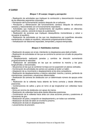 4º CURSO
Bloque 1: El cuerpo: imagen y percepción
- Realización de actividades que impliquen la contracción y descontracción muscular
de los diferentes segmentos corporales.
- Percepción del funcionamiento cardíaco después de un esfuerzo.
- Percepción y diferenciación del funcionamiento cardíaco después de esfuerzos
variados y relacionándolo con el funcionamiento respiratorio.
- Actividades que impliquen el mantenimiento del equilibrio estático en diferentes
superficies y planos, variando la base de sustentación.
- Realización de acciones que impliquen desequilibrios momentáneos y volver a
recuperar el equilibrio.
- Realización de actividades en las que nos desplacemos por superficies elevadas
manteniendo un objeto en equilibrio, reduciendo progresivamente la base.
- Verbalización de relaciones espaciales, temporales y espacio-temporales.
Bloque 2: Habilidades motrices
- Realización de pases con el pie, intentando no desplazarse para darle al balón.
- Realización de actividades en las que se combine la carrera con el salto de pequeños
obstáculos.
- Desplazamiento realizando paradas y cambios de dirección aumentando
progresivamente la velocidad.
- Realización de actividades en las que se combinen la marcha y los giros
longitudinales y transversales.
- Situaciones en las que se combinen la trepa con la suspensión en planos verticales.
- Combinación de actividades de carrera con parada al recibir un balón.
- Adaptación de su movimiento o desplazamiento al de otros compañeros.
- Realización de desplazamientos a máxima velocidad: marcha y carrera, partiendo de
orientaciones, posiciones y situaciones diferenciadas.
- Realización de carreras de obstáculos con un determinado número de apoyos entre
ellos.
- Realización de la voltereta hacia delante de forma correcta y desde diferentes
posiciones.
- Combinaciones de saltos y giros en torno al eje longitudinal con volteretas hacia
delante.
- Giros por encima de obstáculos con apoyo de manos.
- Realización de volteretas hacia atrás desde diferentes posiciones.
- Combinación de la voltereta hacia atrás con otras acciones previas y posteriores al
movimiento de giro.
- Realización de pase y recepción en desplazamiento y en todas sus variantes.
- Realización de bote de balón en el entorno próximo.
- Realización de bote en desplazamiento.
- Lanzamientos de precisión.

Programación de Educación Física en el Segundo Ciclo

 