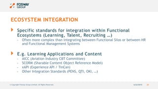 6/22/2015 23© Copyright Fosway Group Limited. All Rights Reserved.
ECOSYSTEM INTEGRATION
Specific standards for integration within Functional
Ecosystems (Learning, Talent, Recruiting …)
- Often more complex than integrating between Functional Silos or between HR
and Functional Management Systems
E.g. Learning Applications and Content
- AICC (Aviation Industry CBT Committee)
- SCORM (Sharable Content Object Reference Model)
- xAPI (Experience API / TinCan)
- Other Integration Standards (PENS, QTI, OKI, …)
 