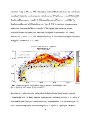  
	
  
	
  
9	
  
kilometers except in 2003 and 2005 when tropical storms and hurricanes mixed the water column
immediately before the monitoring cruise (Rabalais et al., 2007; Obenour et al., 2013). In 2008,
the observed hypoxic area exceeded 31,000 square kilometers (DiMarco et al., 2012). The
distribution of hypoxia in 2008 can be seen in Figure 2. With its significant impact on coastal
ecosystems, rigorous and efficient monitoring of the hypoxic zone is essential. Greater
monitoring helps scientists to better understand the physical system driving Gulf hypoxia
(Hetland and DiMarco, 2012). This better understanding in turn helps to inform policy to reduce
the hypoxic zone (Mullins et al., 2011).
Figure 2. Dissolved oxygen concentrations along the northern Gulf of Mexico, 2008.
Source: DiMarco et al. Aquatic Geochemistry 2012.
Shipboard surveys have been the traditional method of collecting data to monitor hypoxia.
To monitor hypoxia, Dr. Nancy Rabalais’ major cruise occurs in July (Rabalais et al., 2002). Dr.
Steve DiMarco and colleagues conduct two cruises around Rabalais’—in June and August—to
collect more data to pinpoint the contributing factors of hypoxia in a given year (DiMarco,
 