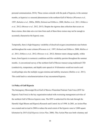  
	
  
	
  
10	
  
personal communication, 2014). These cruises coincide with the peak of hypoxia, in the summer
months, as hypoxia is a seasonal phenomenon in the northern Gulf of Mexico (Wiseman et al.,
1997; Rabalais et al., 2002a, 2002b; Hetland and DiMarco, 2008; Mullins et al., 2011; DiMarco
et al., 2012; Obenour et al., 2012, 2013). Despite the rigorous data collection that occurs on
these cruises, three data sets over time from each of these three cruises may not be enough to
accurately characterize the hypoxic zone.
Temporally, there is high-frequency variability of dissolved oxygen concentrations near bottom
and throughout the water column (Wiseman et al., 1997; Hetland and DiMarco, 2008; Mullins et
al., 2011; DiMarco et al., 2012; Obenour et al., 2012). Bottom waters change rapidly, within
hours, from hypoxic to normoxic conditions and this variability persists throughout the summer
months. A conventional survey of the northern Gulf of Mexico transect using traditional CTD
(conductivity, temperature, and depth) casts spaced at 10 kilometers would not resolve and
would perhaps miss the multiple oxygen minima and stability structures (Mullins et al., 2011).
This could lead to a mischaracterization of any encountered hypoxia.
1.4 Policy of Gulf Hypoxia
The Interagency Mississippi River/Gulf of Mexico Watershed Nutrient Task Force (HTF for
Hypoxia Task Force) is the key organization tasked with overseeing management activities of
the northern Gulf of Mexico hypoxic zone. The HTF is authorized for this task through the
Harmful Algal Bloom and Hypoxia Research and Control Act of 1998. In 2001, an Action Plan
was created and revised in 2008 to reduce the areal extent of the hypoxic zone to 5,000 square
kilometers by 2015 (Gulf Hypoxia Action Plan, 2008). This Action Plan uses both voluntary and
 