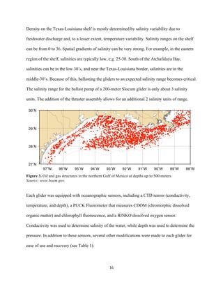  
	
  
	
  
16	
  
Density on the Texas-Louisiana shelf is mostly determined by salinity variability due to
freshwater discharge and, to a lesser extent, temperature variability. Salinity ranges on the shelf
can be from 0 to 36. Spatial gradients of salinity can be very strong. For example, in the eastern
region of the shelf, salinities are typically low, e.g. 25-30. South of the Atchafalaya Bay,
salinities can be in the low 30’s, and near the Texas-Louisiana border, salinities are in the
middle-30’s. Because of this, ballasting the gliders to an expected salinity range becomes critical.
The salinity range for the ballast pump of a 200-meter Slocum glider is only about 3 salinity
units. The addition of the thruster assembly allows for an additional 2 salinity units of range.
Figure 3. Oil and gas structures in the northern Gulf of Mexico at depths up to 500 meters
Source; www.boem.gov.
Each glider was equipped with oceanographic sensors, including a CTD sensor (conductivity,
temperature, and depth), a PUCK Fluorometer that measures CDOM (chromorphic dissolved
organic matter) and chlorophyll fluorescence, and a RINKO dissolved oxygen sensor.
Conductivity was used to determine salinity of the water, while depth was used to determine the
pressure. In addition to these sensors, several other modifications were made to each glider for
ease of use and recovery (see Table 1).
 