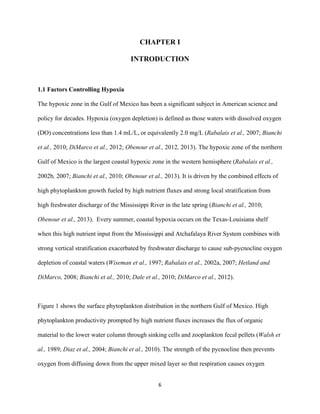  
	
  
	
  
6	
  
CHAPTER I
INTRODUCTION
1.1 Factors Controlling Hypoxia
The hypoxic zone in the Gulf of Mexico has been a significant subject in American science and
policy for decades. Hypoxia (oxygen depletion) is defined as those waters with dissolved oxygen
(DO) concentrations less than 1.4 mL/L, or equivalently 2.0 mg/L (Rabalais et al., 2007; Bianchi
et al., 2010; DiMarco et al., 2012; Obenour et al., 2012, 2013). The hypoxic zone of the northern
Gulf of Mexico is the largest coastal hypoxic zone in the western hemisphere (Rabalais et al.,
2002b, 2007; Bianchi et al., 2010; Obenour et al., 2013). It is driven by the combined effects of
high phytoplankton growth fueled by high nutrient fluxes and strong local stratification from
high freshwater discharge of the Mississippi River in the late spring (Bianchi et al., 2010;
Obenour et al., 2013). Every summer, coastal hypoxia occurs on the Texas-Louisiana shelf
when this high nutrient input from the Mississippi and Atchafalaya River System combines with
strong vertical stratification exacerbated by freshwater discharge to cause sub-pycnocline oxygen
depletion of coastal waters (Wiseman et al., 1997; Rabalais et al., 2002a, 2007; Hetland and
DiMarco, 2008; Bianchi et al., 2010; Dale et al., 2010; DiMarco et al., 2012).
Figure 1 shows the surface phytoplankton distribution in the northern Gulf of Mexico. High
phytoplankton productivity prompted by high nutrient fluxes increases the flux of organic
material to the lower water column through sinking cells and zooplankton fecal pellets (Walsh et
al., 1989; Diaz et al., 2004; Bianchi et al., 2010). The strength of the pycnocline then prevents
oxygen from diffusing down from the upper mixed layer so that respiration causes oxygen
 