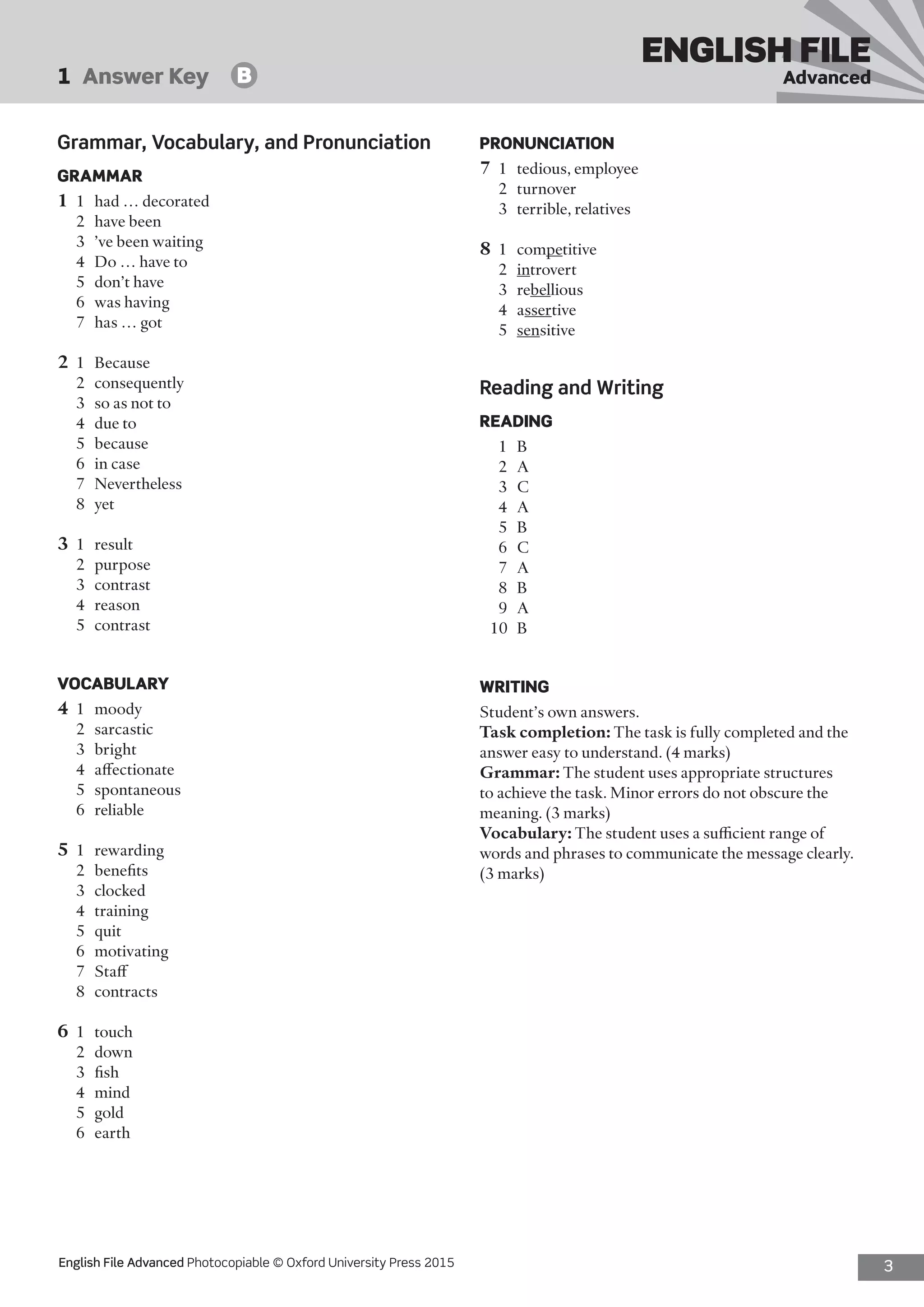3English File Advanced Photocopiable © Oxford University Press 2015
ENGLISH FILE
Advanced1  Answer Key   B
PRONUNCIATION
7	 1	 tedious, employee
2	turnover
3	 terrible, relatives
8	1	competitive
2	 introvert
3	rebellious
4	assertive
5	 sensitive
Reading and Writing
READING
1	B
2	A
3	C
4	A
5	B
6	C
7	A
8	B
9	A
10	 B
WRITING
Student’s own answers.
Task completion: The task is fully completed and the
answer easy to understand. (4 marks)
Grammar: The student uses appropriate structures
to achieve the task. Minor errors do not obscure the
meaning. (3 marks)
Vocabulary: The student uses a sufficient range of
words and phrases to communicate the message clearly.
(3 marks)
Grammar, Vocabulary, and Pronunciation
GRAMMAR
1	 1	 had … decorated
2	 have been
3	 ’ve been waiting
4	 Do … have to
5	 don’t have
6	 was having
7	 has … got
2	1	Because
2	consequently
3	 so as not to
4	 due to
5	because
6	 in case
7	Nevertheless
8	yet
3	1	result
2	purpose
3	contrast
4	reason
5	contrast
VOCABULARY
4	1	moody
2	sarcastic
3	bright
4	affectionate
5	spontaneous
6	reliable
5	1	rewarding
2	benefits
3	clocked
4	training
5	quit
6	motivating
7	Staff
8	contracts
6	1	touch
2	down
3	fish
4	mind
5	gold
6	earth
 