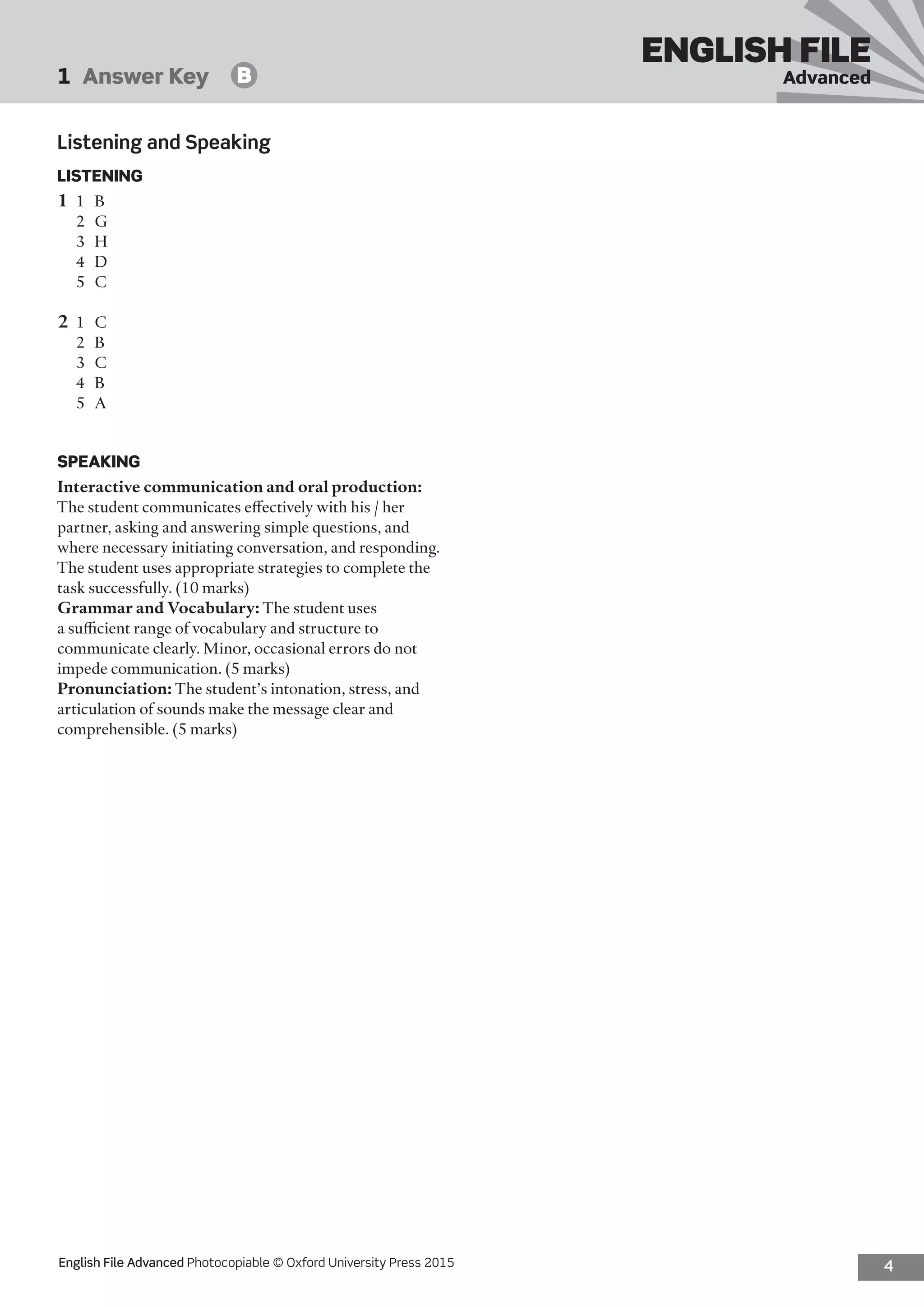 4English File Advanced Photocopiable © Oxford University Press 2015
ENGLISH FILE
Advanced1  Answer Key   B
Listening and Speaking
LISTENING
1	 1	 B
2	G
3	H
4	D
5	C
2	 1	C
2	B
3	C
4	B
5	A
SPEAKING
Interactive communication and oral production:
The student communicates effectively with his / her
partner, asking and answering simple questions, and
where necessary initiating conversation, and responding.
The student uses appropriate strategies to complete the
task successfully. (10 marks)
Grammar and Vocabulary: The student uses
a sufficient range of vocabulary and structure to
communicate clearly. Minor, occasional errors do not
impede communication. (5 marks)
Pronunciation: The student’s intonation, stress, and
articulation of sounds make the message clear and
comprehensible. (5 marks)
 
