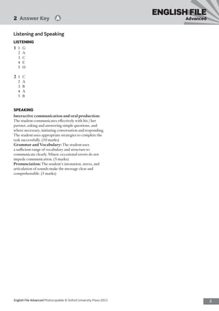 2English File Advanced Photocopiable © Oxford University Press 2015
2  Answer Key   A
ENGLISH FILE
Advanced
Listening and Speaking
LISTENING
1	1	G
2	A
3	C
4	E
5	H
2	1	C
2	A
3	B
4	A
5	B
SPEAKING
Interactive communication and oral production:
The student communicates effectively with his / her
partner, asking and answering simple questions, and
where necessary, initiating conversation and responding.
The student uses appropriate strategies to complete the
task successfully. (10 marks)
Grammar and Vocabulary: The student uses
a sufficient range of vocabulary and structure to
communicate clearly. Minor, occasional errors do not
impede communication. (5 marks)
Pronunciation: The student’s intonation, stress, and
articulation of sounds make the message clear and
comprehensible. (5 marks)
 