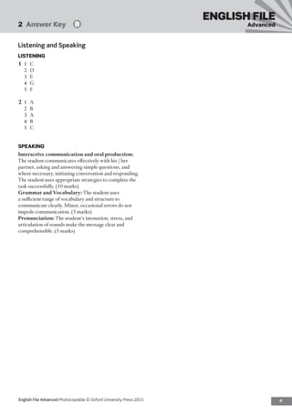 4English File Advanced Photocopiable © Oxford University Press 2015
ENGLISH FILE
Advanced2  Answer Key   B
Listening and Speaking
LISTENING
1	1	C
2	D
3	E
4	G
5	F
2	1	A
2	B
3	A
4	B
5	C
SPEAKING
Interactive communication and oral production:
The student communicates effectively with his / her
partner, asking and answering simple questions, and
where necessary, initiating conversation and responding.
The student uses appropriate strategies to complete the
task successfully. (10 marks)
Grammar and Vocabulary: The student uses
a sufficient range of vocabulary and structure to
communicate clearly. Minor, occasional errors do not
impede communication. (5 marks)
Pronunciation: The student’s intonation, stress, and
articulation of sounds make the message clear and
comprehensible. (5 marks)
 